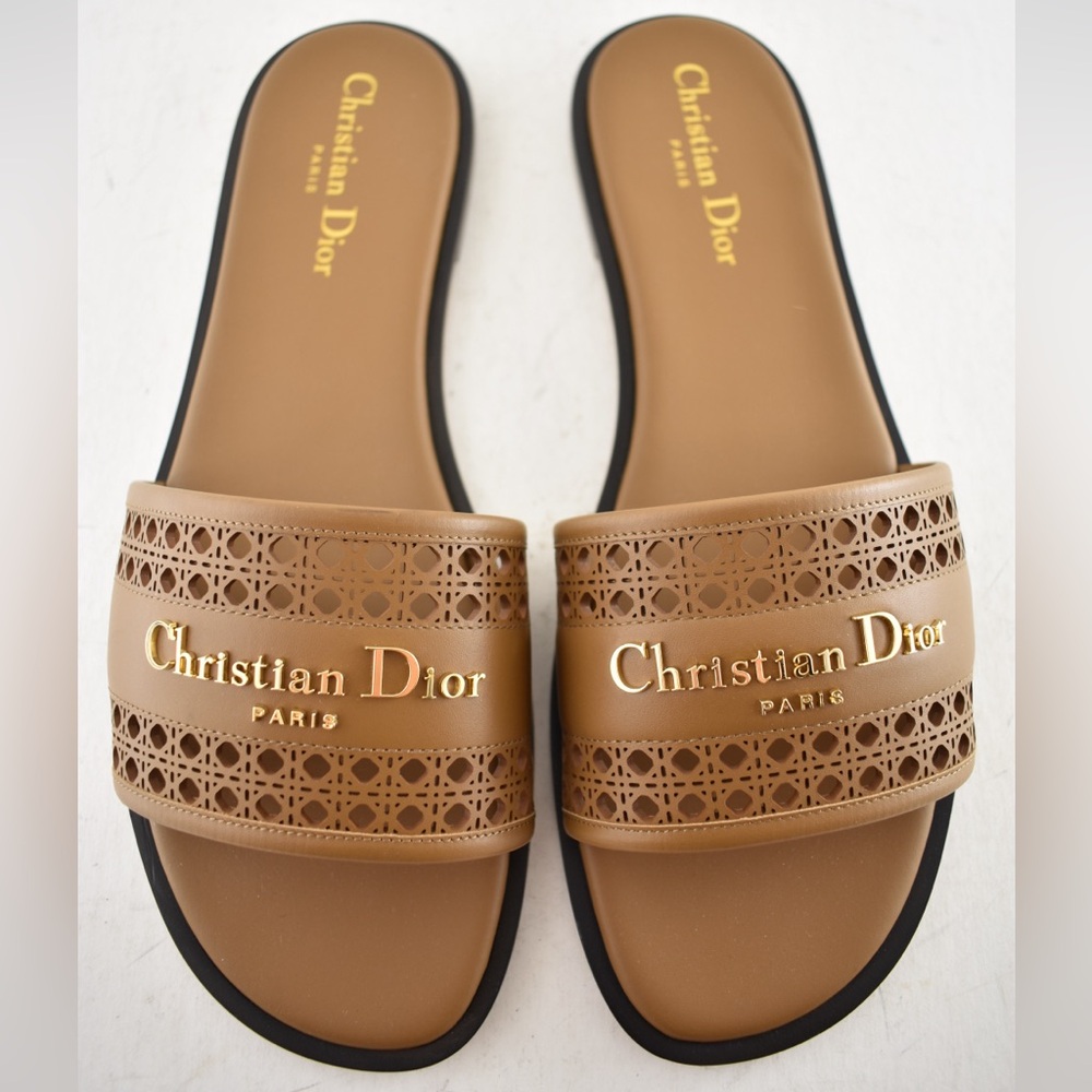 Dior D-Lane Dway Micro Cannage Chestnut Brown Leather Logo Slide Flat Sandal 39 - Picture 8 of 16